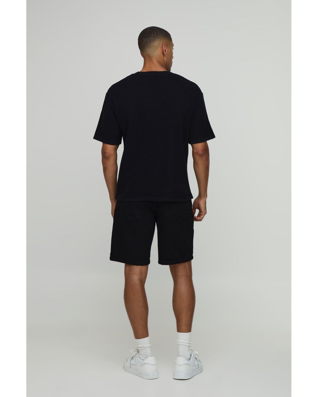 BoohooMAN Black Regular Fit Waffle Knitted T-Shirt for men