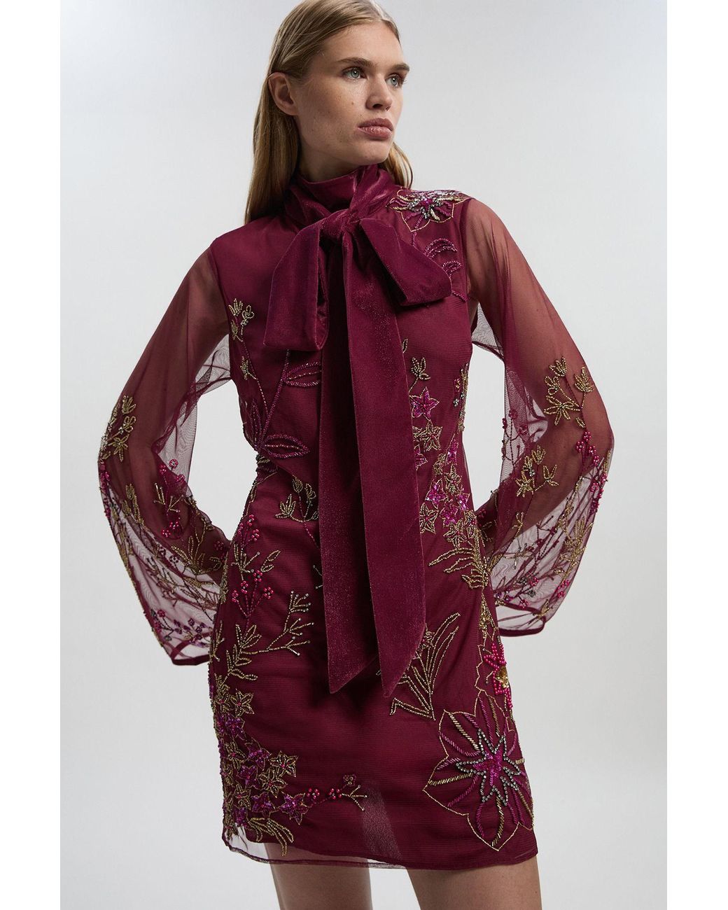 Karen Millen Red Petite Floral Applique Embellished Organdie Woven Mini Dress