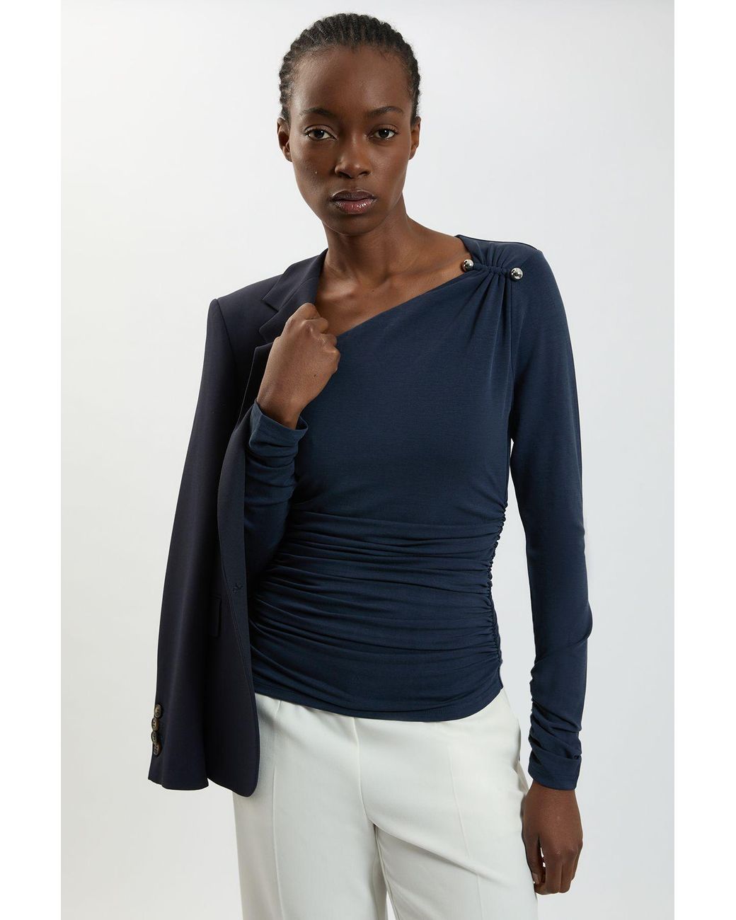 Karen Millen Blue Viscose Metal Clasp Detail Jersey Top