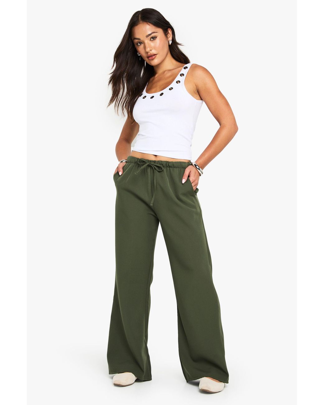 Boohoo Green Petite Woven Elasticated Waist Straight Leg Pants
