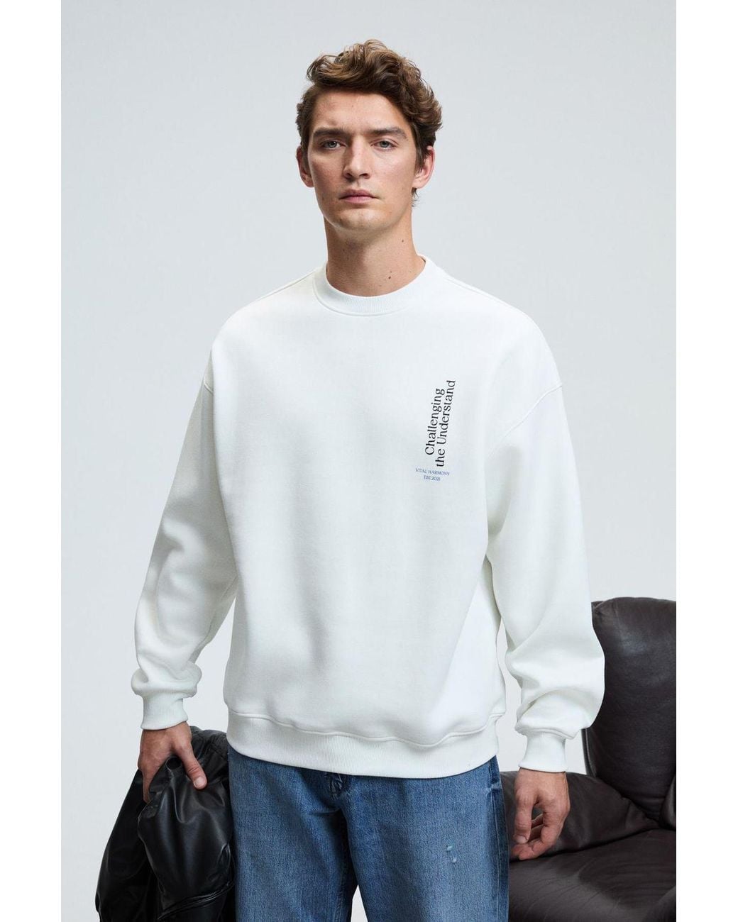 Grimelange Blue Printed Crew Neck Sweatshirt for men