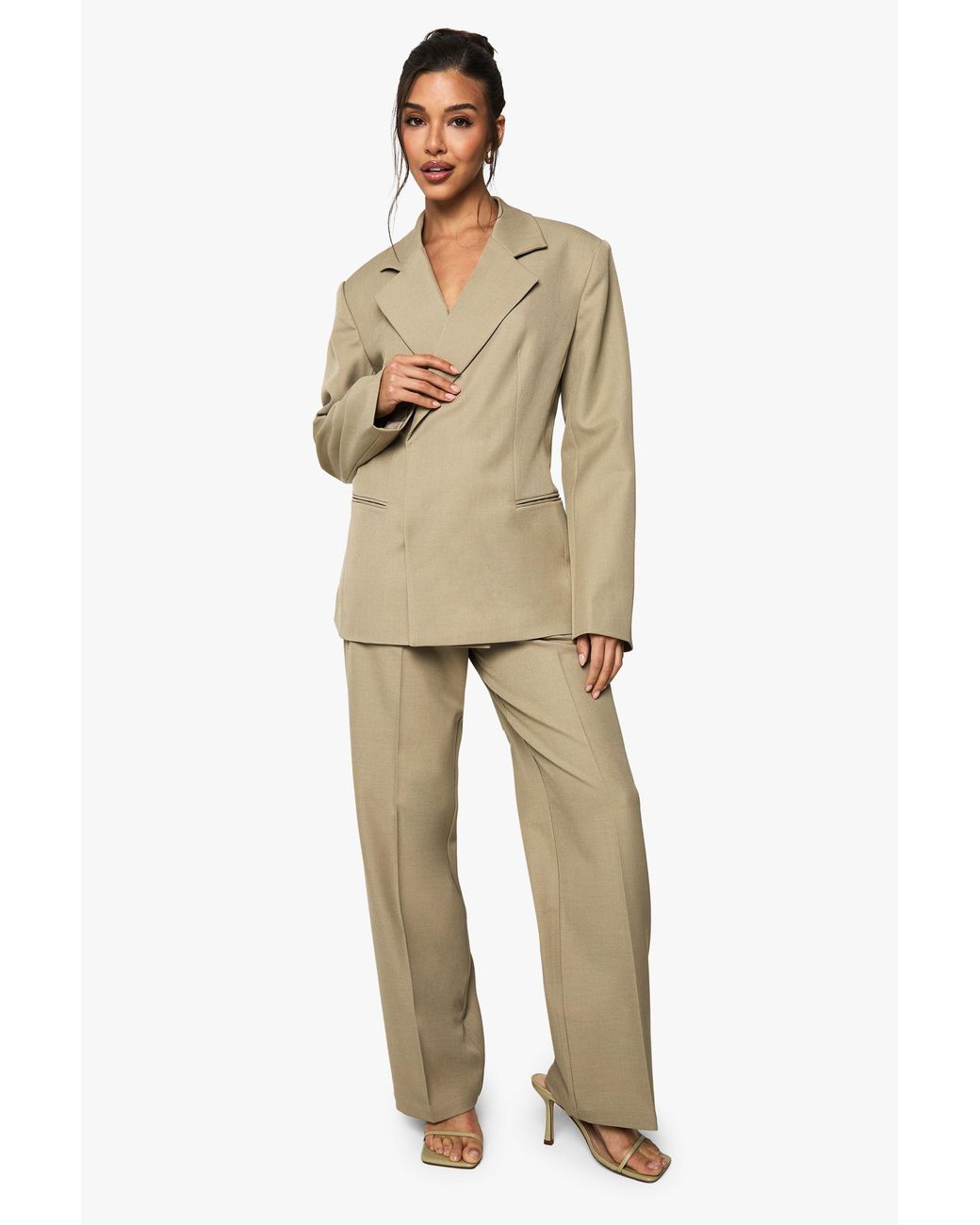 Boohoo Natural Tailored Textured Woven Straight Leg Trouser