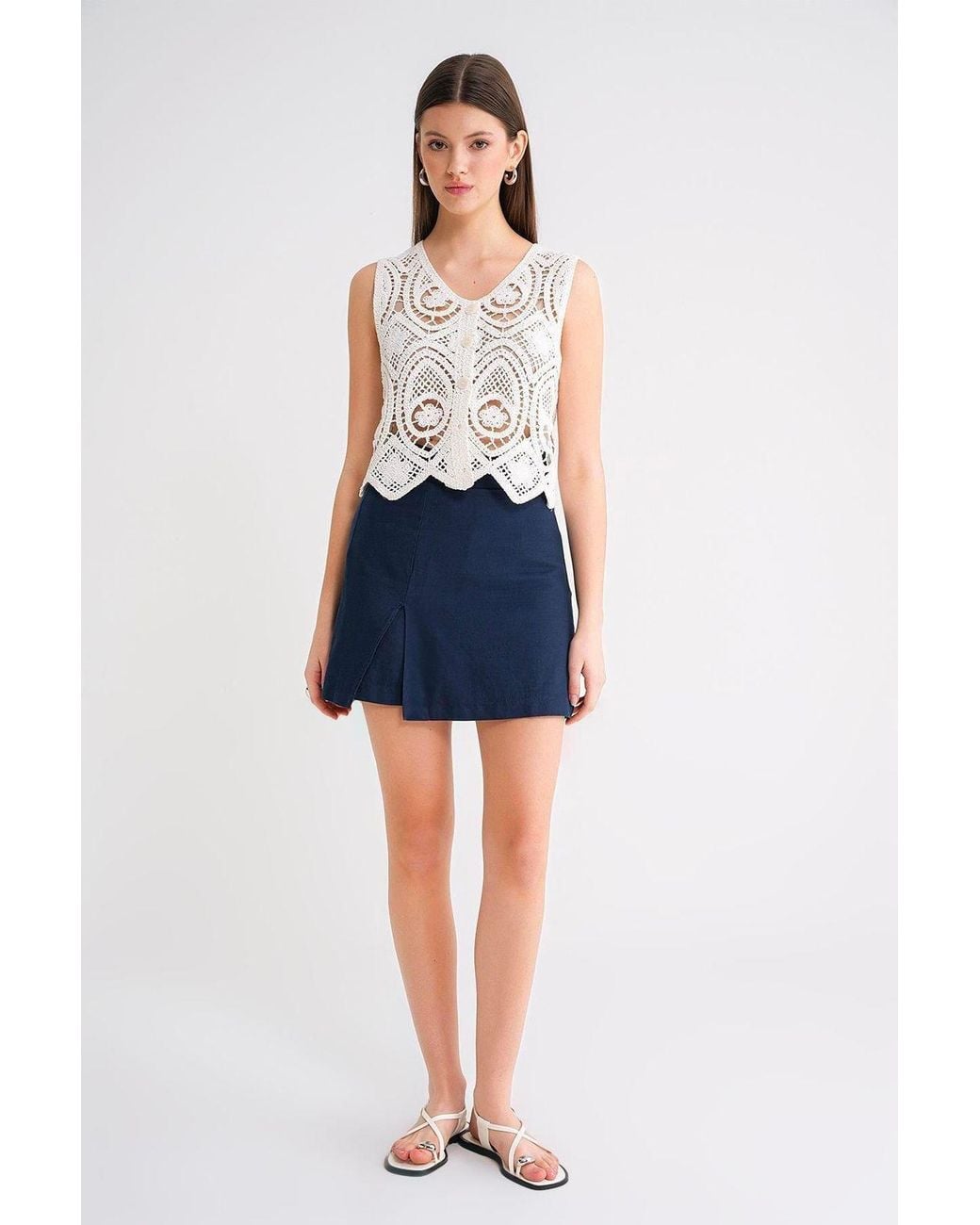 MixRay Blue Belted High-Waist Wrap Front Shorts With Slit Detail