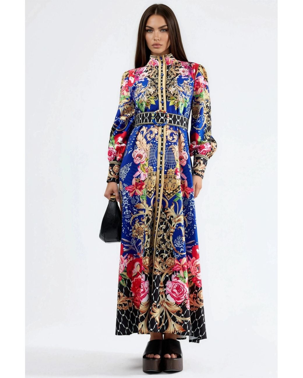 Msn-Collection Blue Floral Belted Maxi Dress