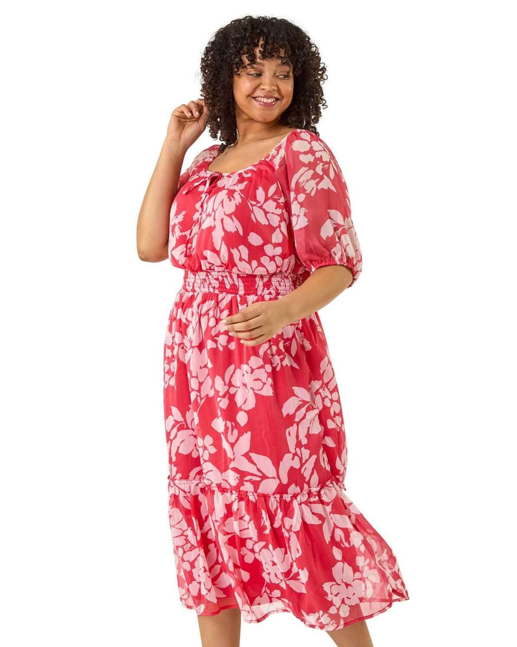 Roman Red Curve Tropical Print Tie Neck Midi Dress