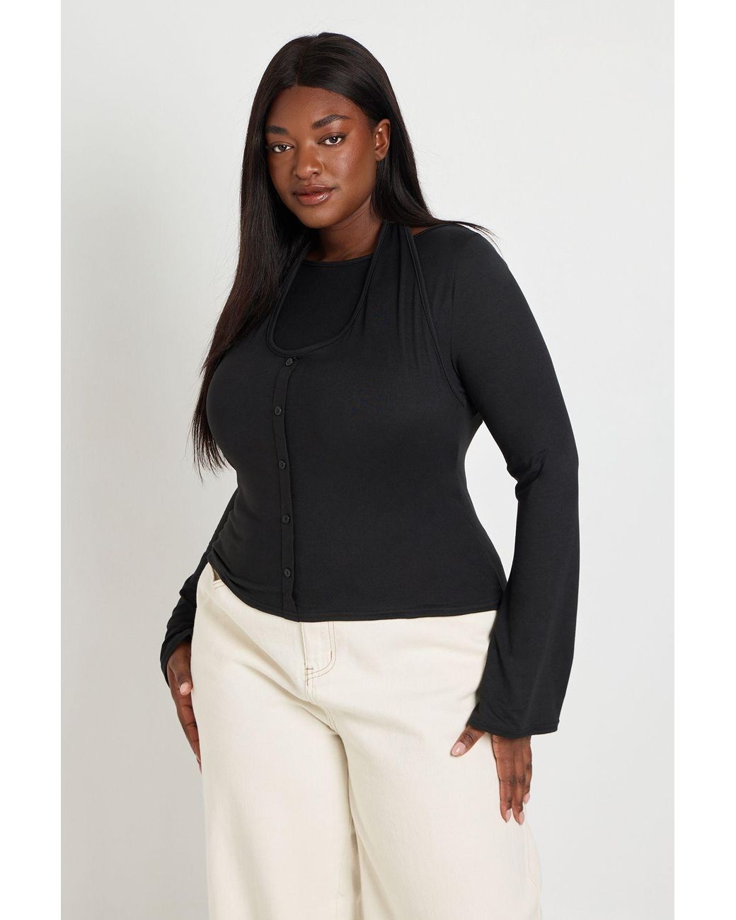 Boohoo Black Plus Double Layer Halter Neck Button Down Top