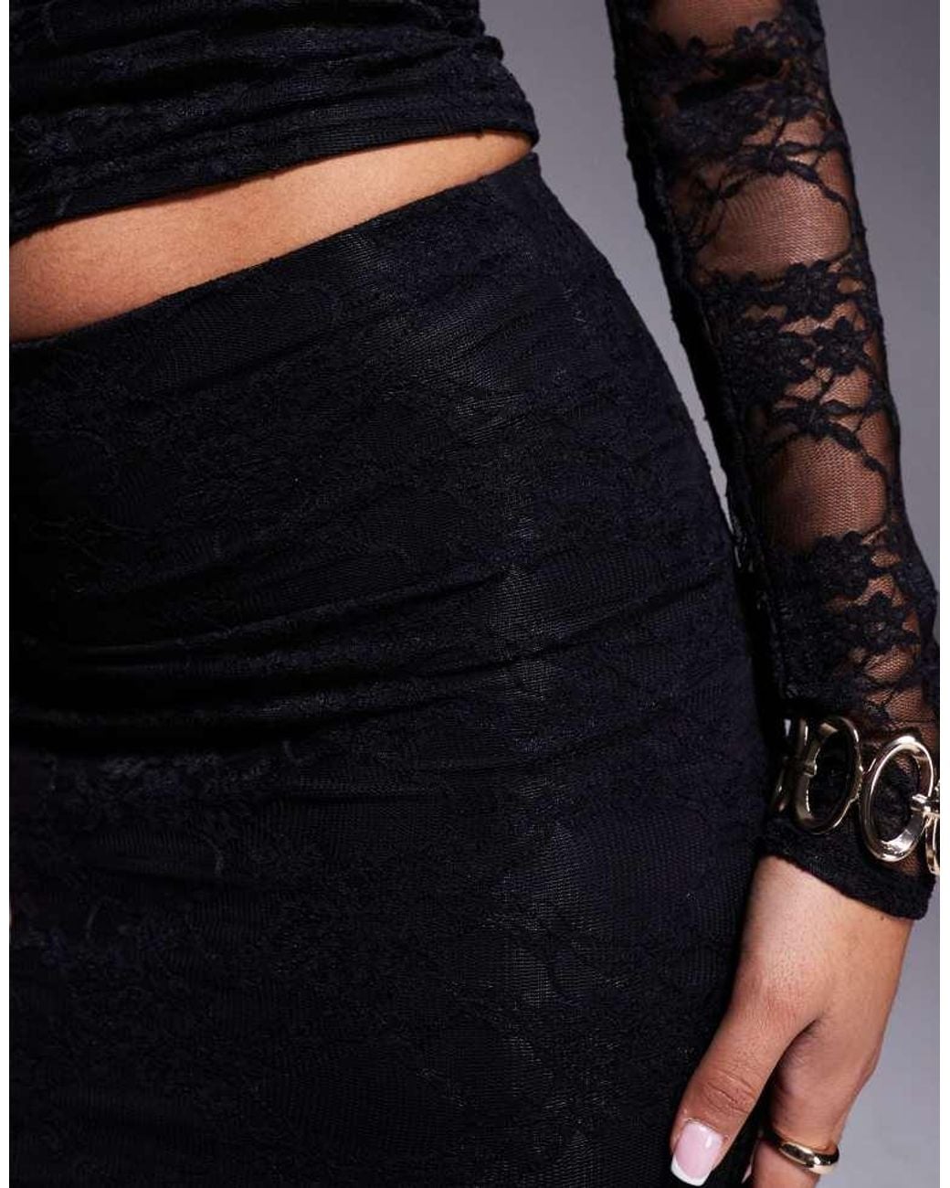 Kaiia Black Exclusive Double Layered Slinky Lace Column Maxi Skirt Co-Ord