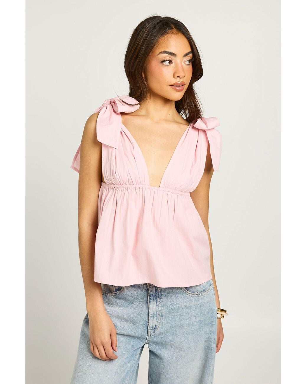 Boohoo Pink Poplin Tie Shoulder Top