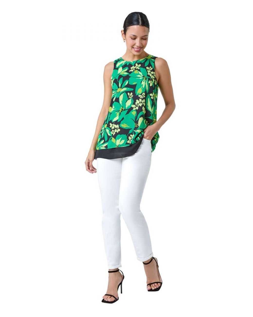 Roman Green Floral Print Double Layer Vest Top