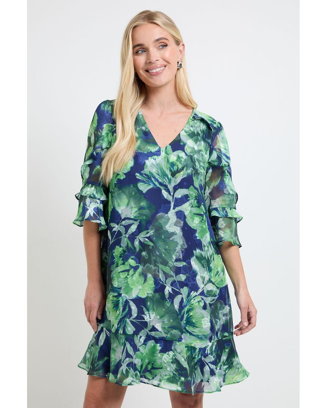 Wallis Blue Petite Floral Print Ruffle Shift Dress