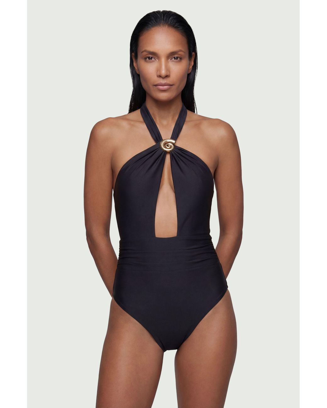 Karen Millen Blue Shell Hardware Halterneck Swimsuit