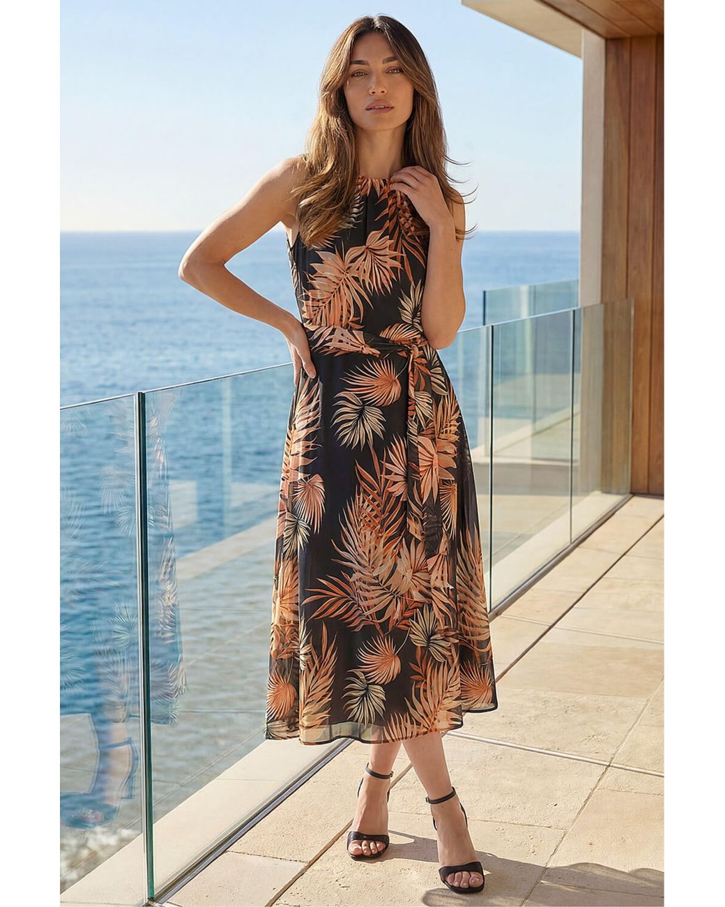 Roman Blue Leaf Print Chiffon Pleat Neck Midi Dress