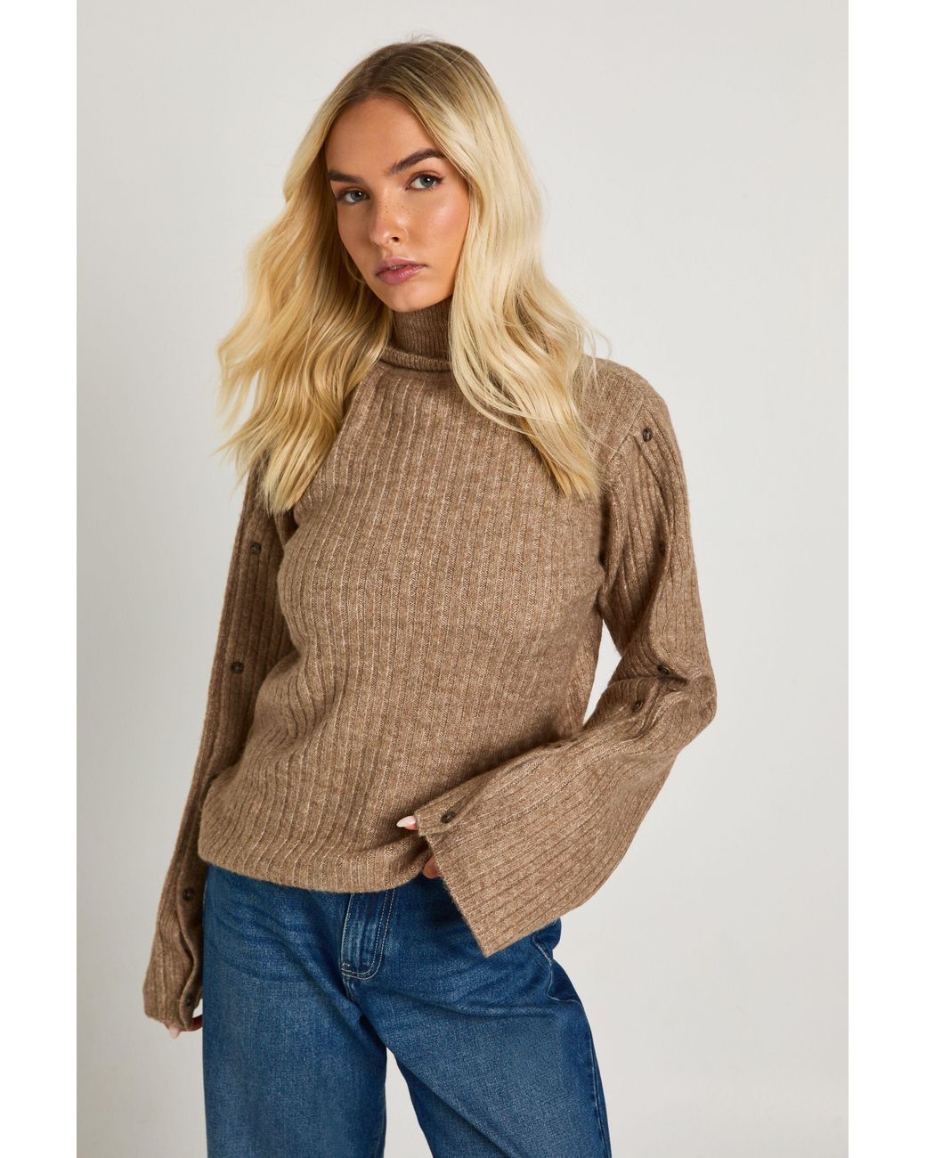 Boohoo Blue Super Soft Button Sleeve Detail High Neck Knitted Jumper