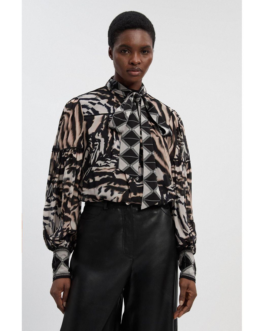 Karen Millen Black Print Viscose Georgette Balloon Sleeve Woven Blouse