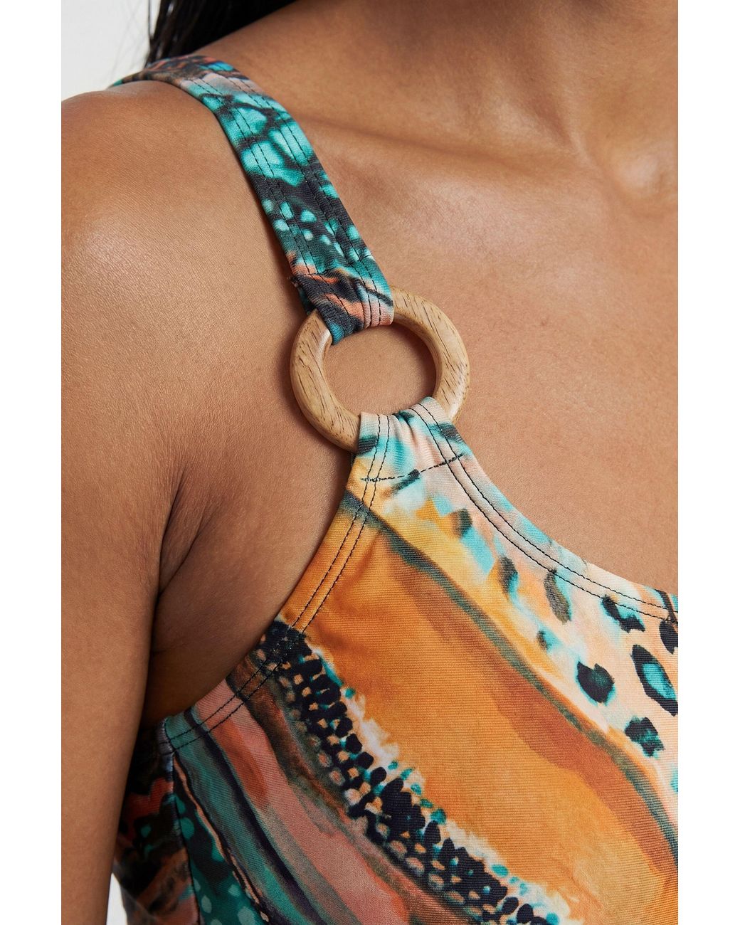 Karen Millen Black Linear Animal Print Trim Detail Swimsuit