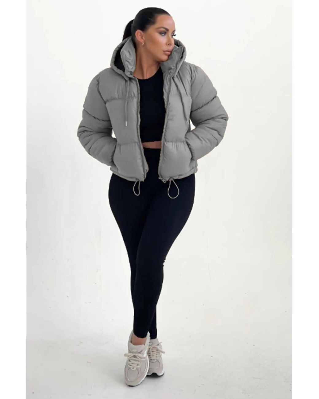 Femme Luxe Black Hooded Drawstring Cropped Puffer Jacket