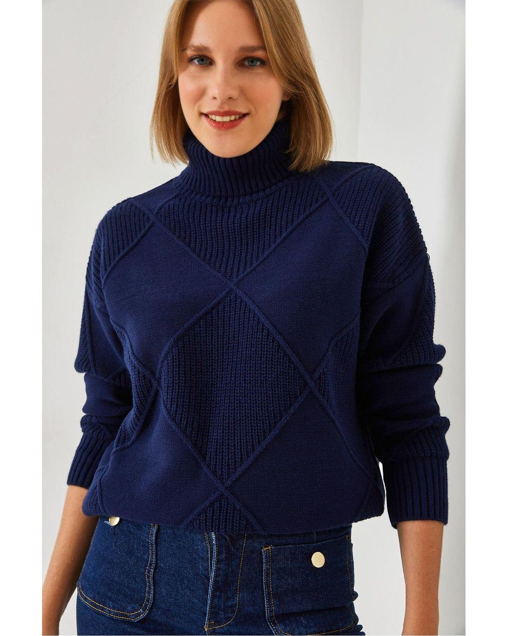 Bianco Lucci Blue Textured Turtleneck Sweater