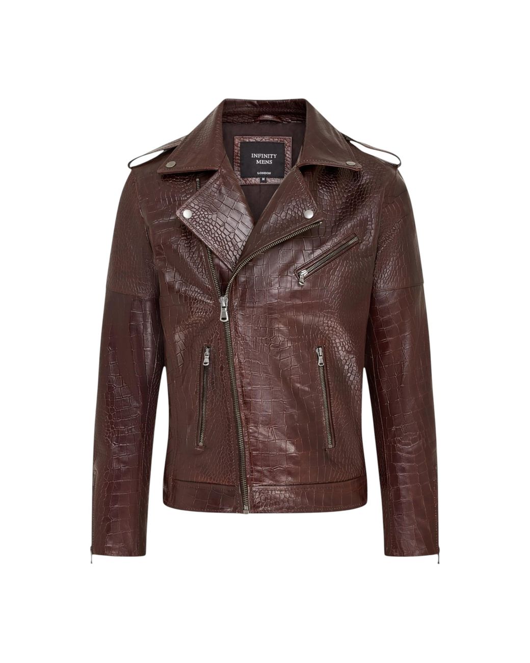 Infinity Leather Brown Cow Alligator Print Embossed Biker Jacket for men