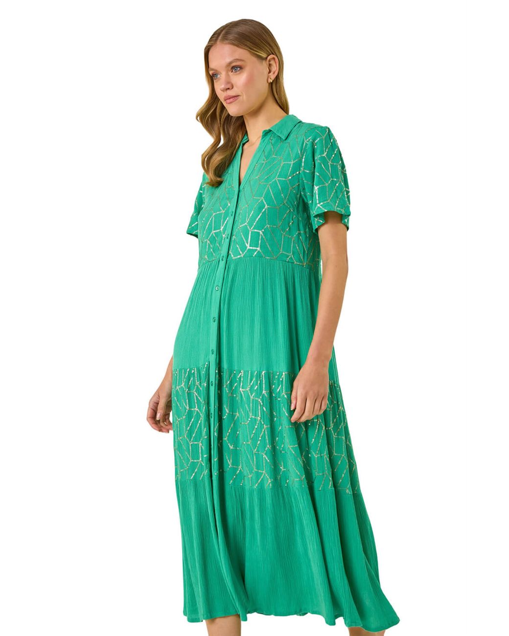 Roman Green Foil Print V-Neck Button Midi Dress
