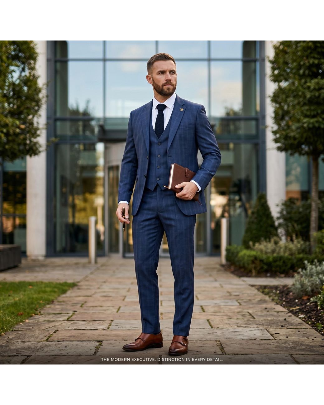 TruClothing Blue Prince Of Wales Check 3 Piece Tailored Formal Suit for men