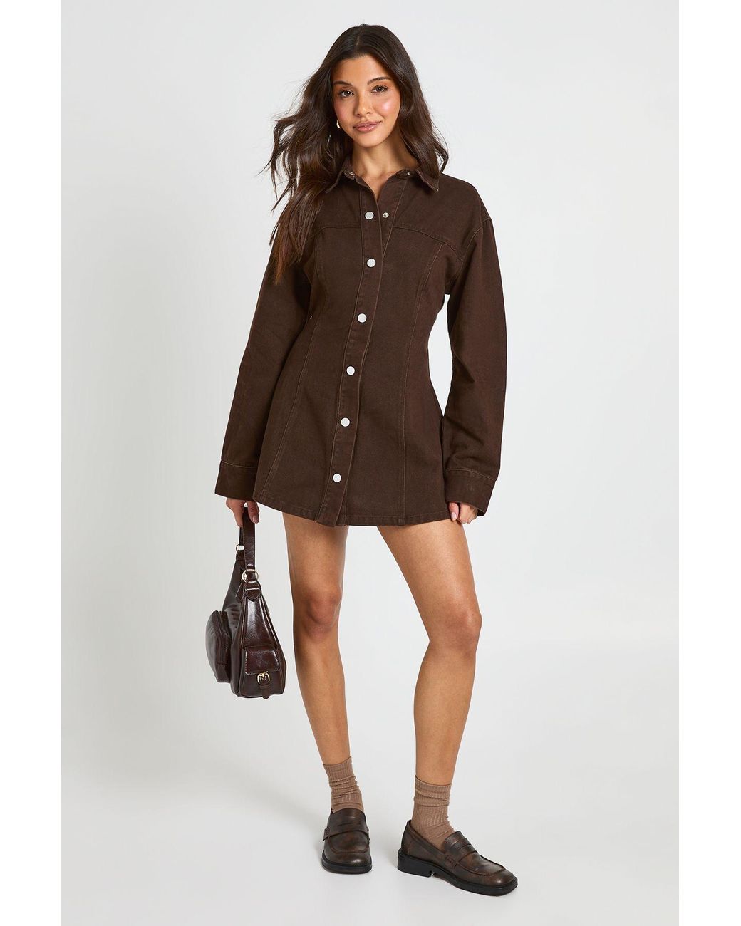 Boohoo Brown Long Sleeve Cinched Waist Denim Dress