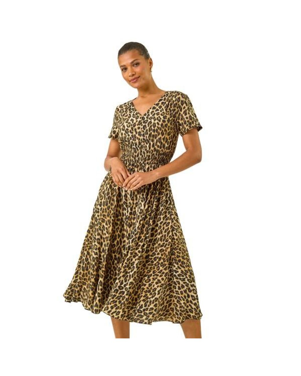 Roman Metallic Animal Print Shirred Midi Dress