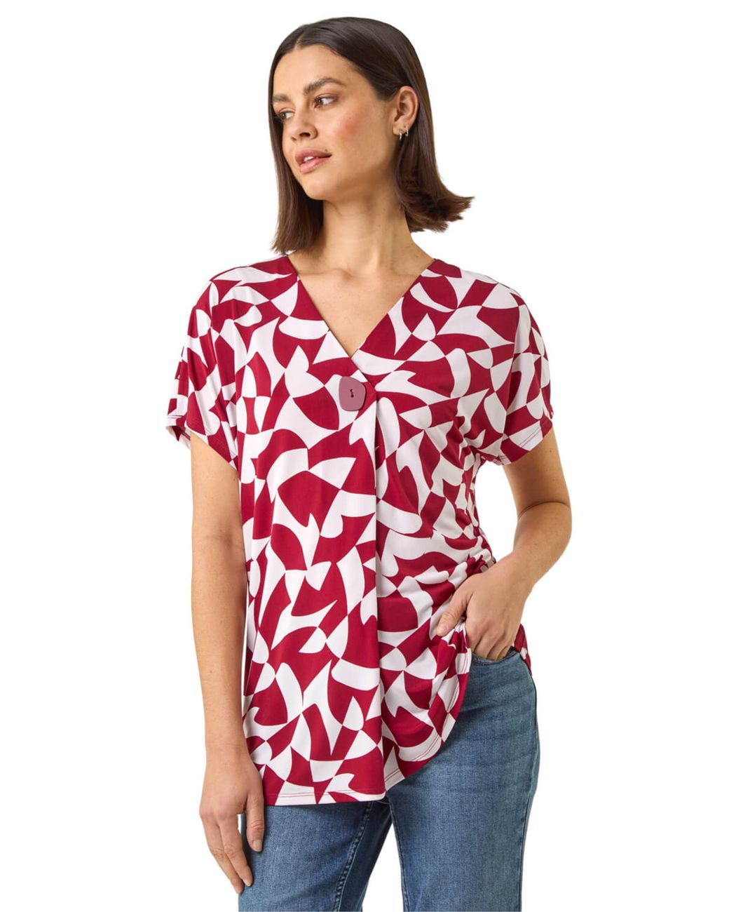 Roman Red Abstract Print V-Neck Stretch Top
