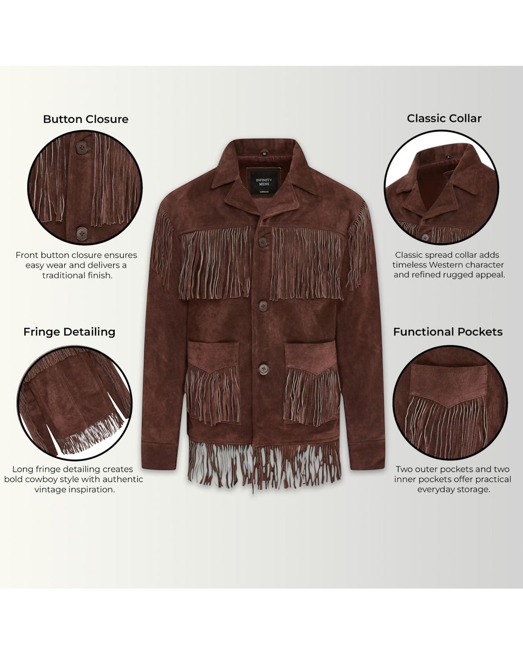 Infinity Leather Brown Western Retro Cowboy Suede Fringe Jacket for men