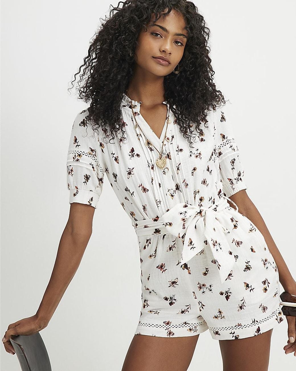 River Island White Playsuit Cotton Floral Textured