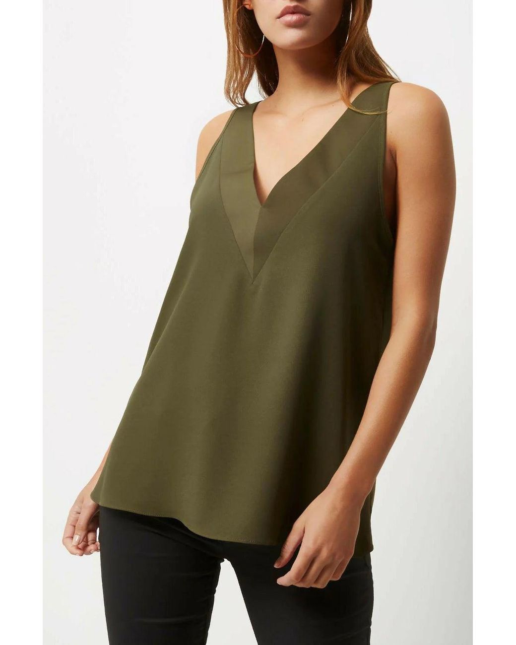 River Island Green Satin V Neck Swing Top