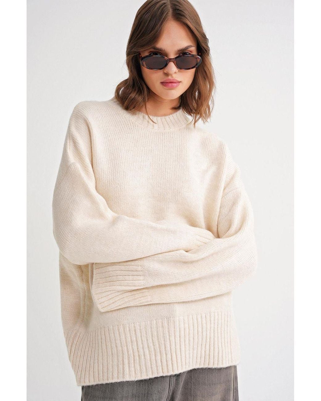 MixRay Natural Oversized Ribbed Knit Sweater With Crew Neck