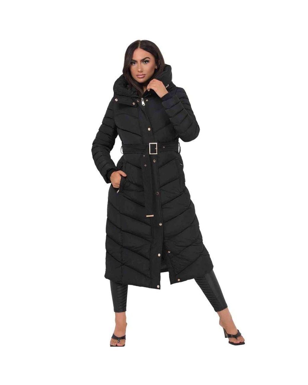 JESS Black Long Puffer Coat With Belt & Hood