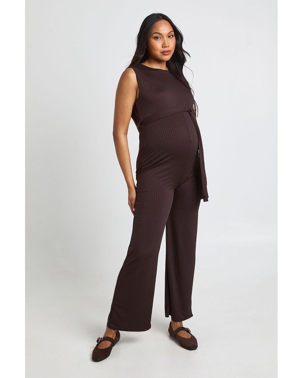 Boohoo Brown Maternity Rib Belted Sleeveless Lounge Jumpsuit