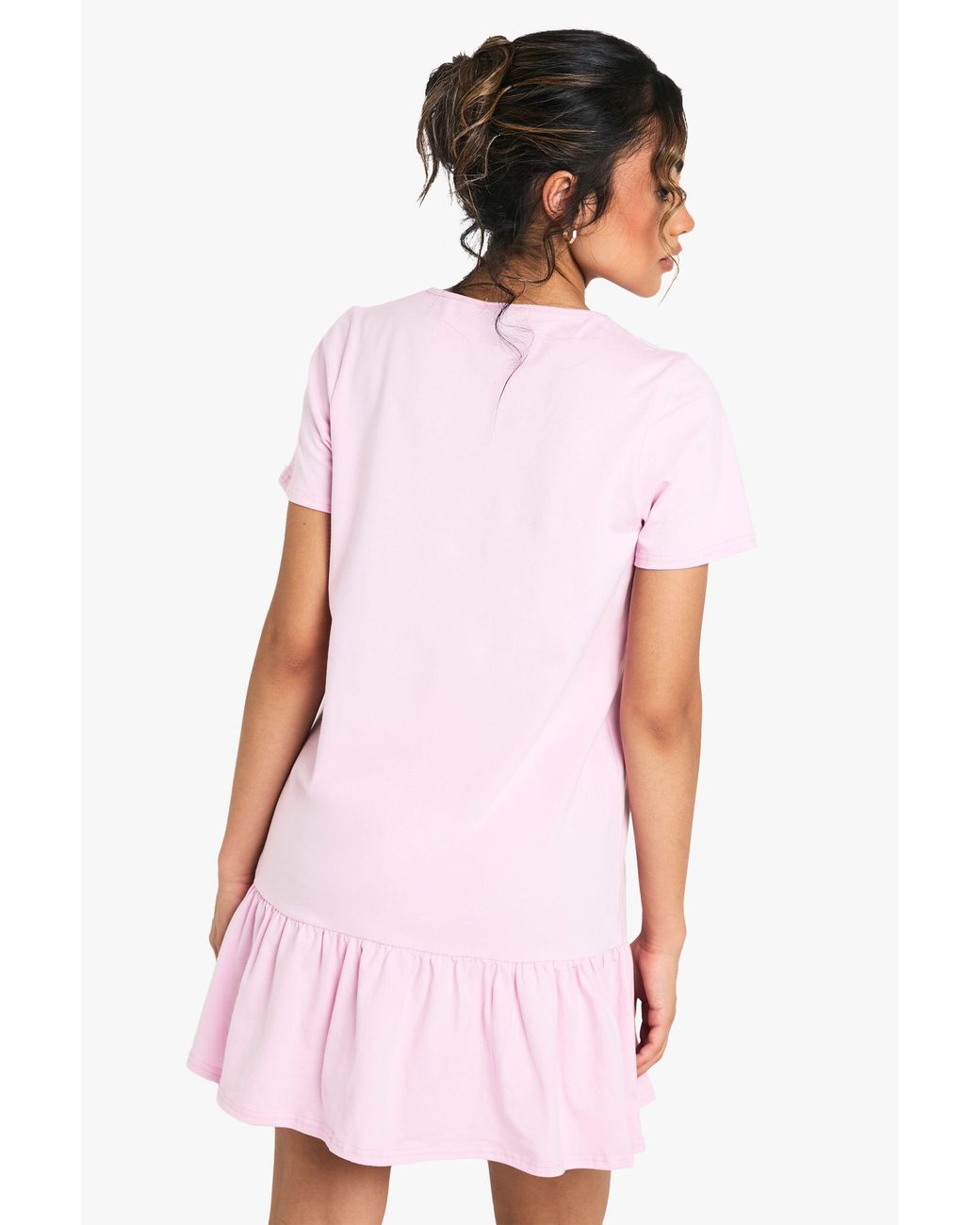 Boohoo Pink Cotton Ruffle Dropped Hem Smock Dress