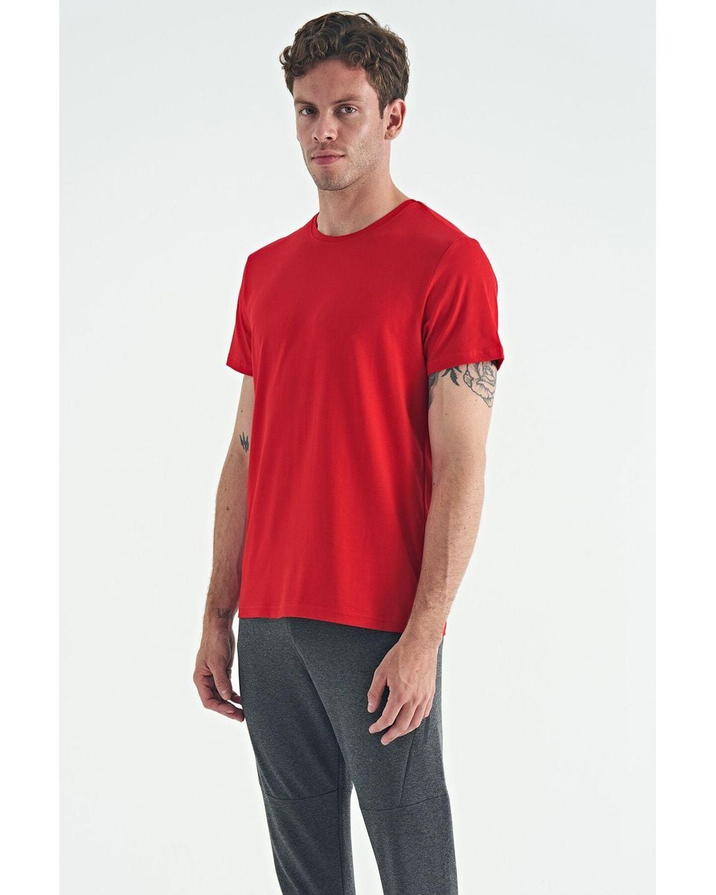 TOMMY LIFE Red Cotton Elastane Crew Neck T-Shirt for men