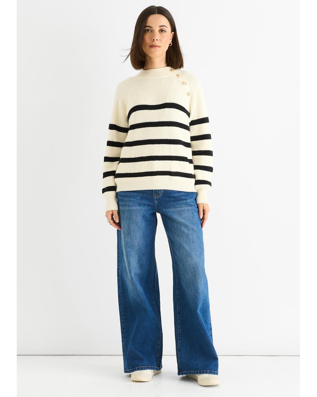 Gini London Blue Stripe Cable Knit Button Oversized Jumper