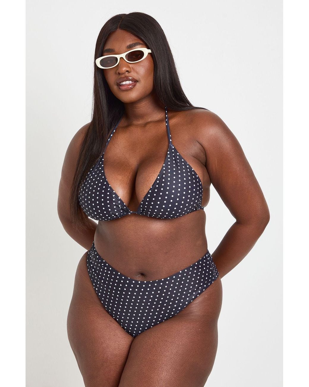Boohoo Black Plus Polka Dot Print Triangle Bikini Top & High Waist Bottom Set