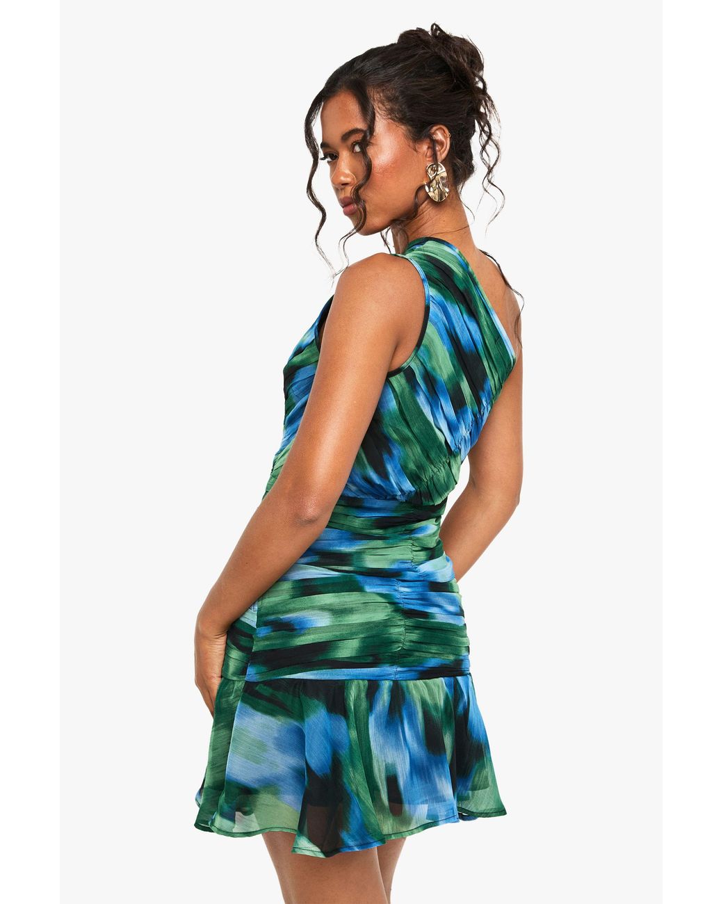 Boohoo Blue Abstract Printed Ruched One Shoulder Mini Dress