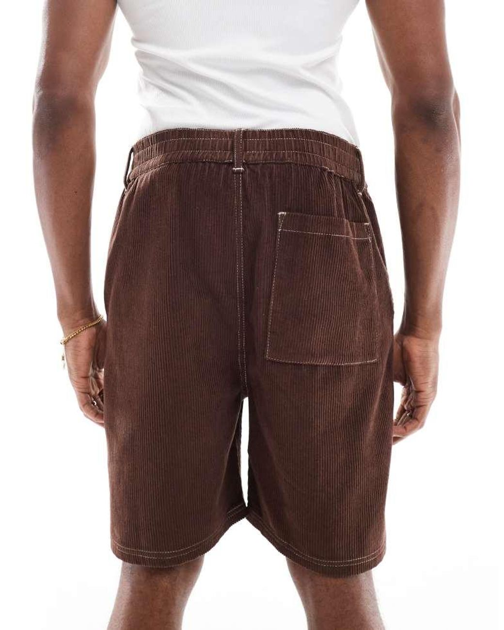 Native Youth Brown Corduroy Short With Contrast Stitch for men