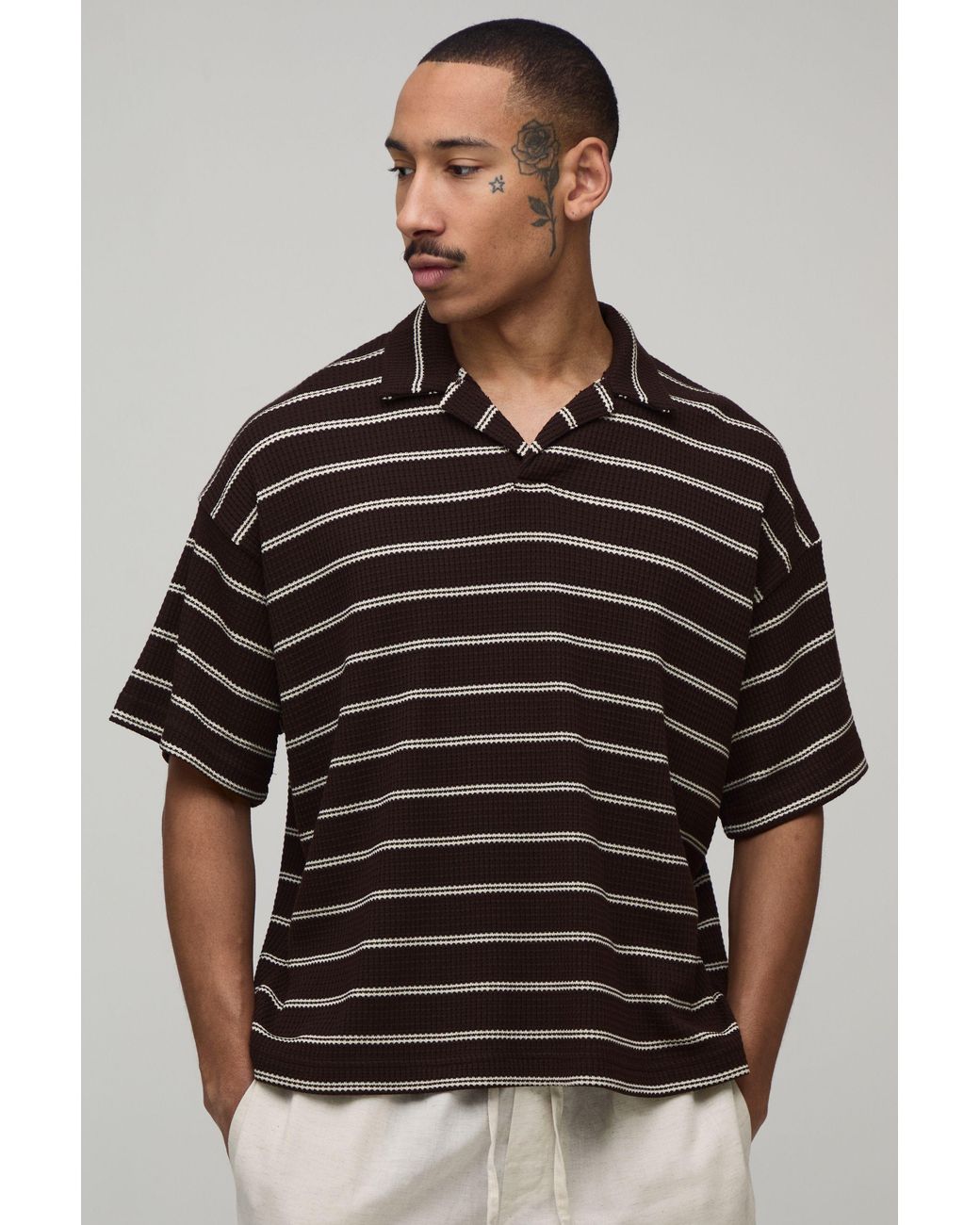 BoohooMAN Black Oversized Striped Waffle Revere Polo for men