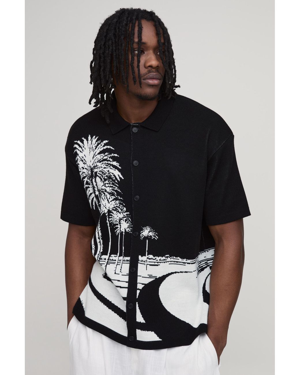 BoohooMAN Black Tall Relaxed Palm Scenic Jacquard Knitted Shirt for men