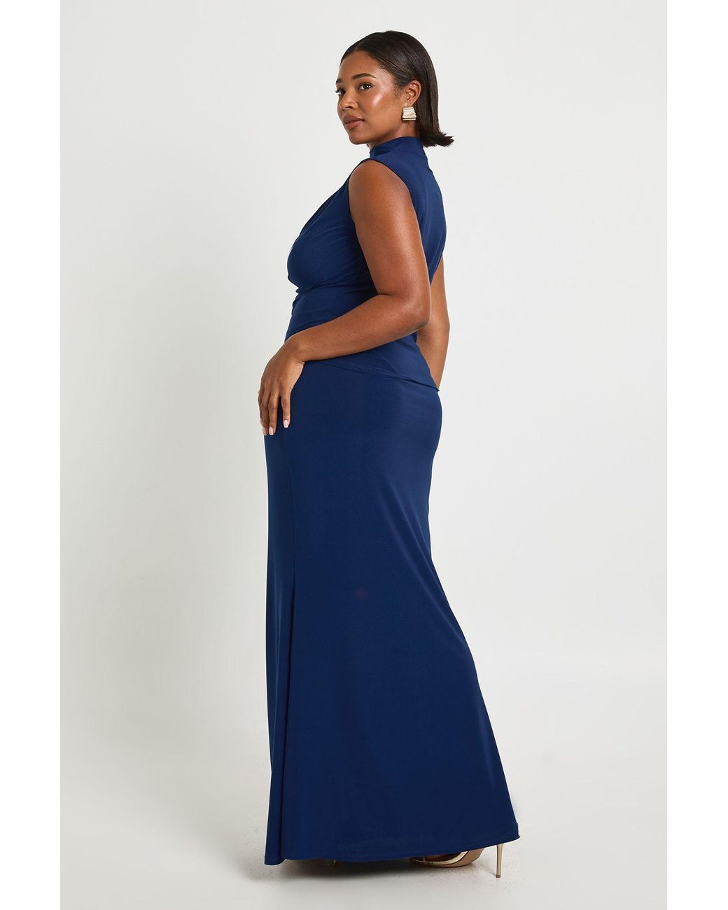 Boohoo Blue Plus Cowl Neck Scarf Detail Top And Collumn Maxi Skirt