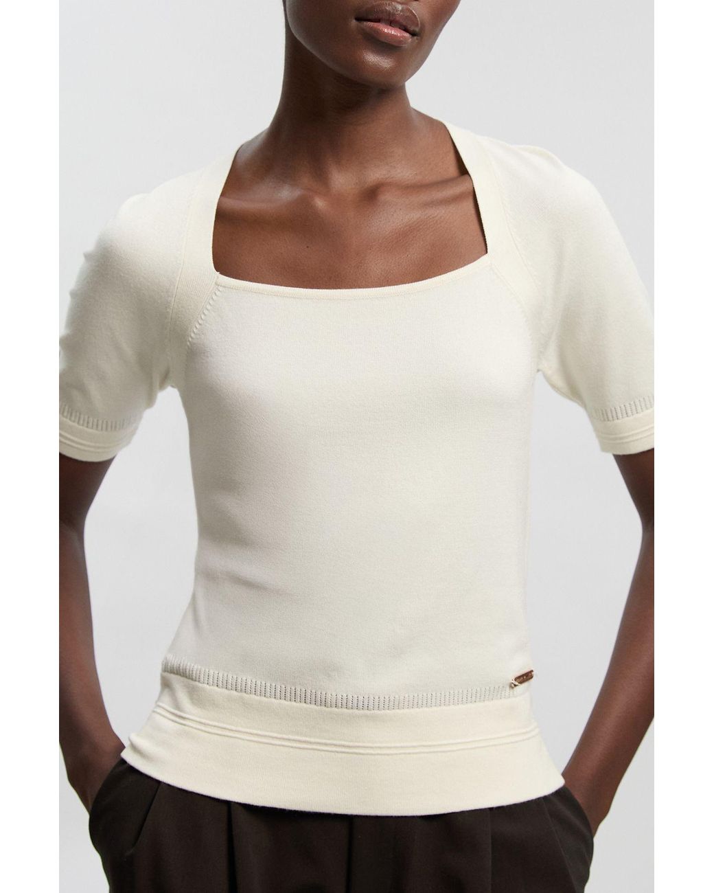 Karen Millen White Viscose Blend Square Neck Knitted Long Sleeve Top