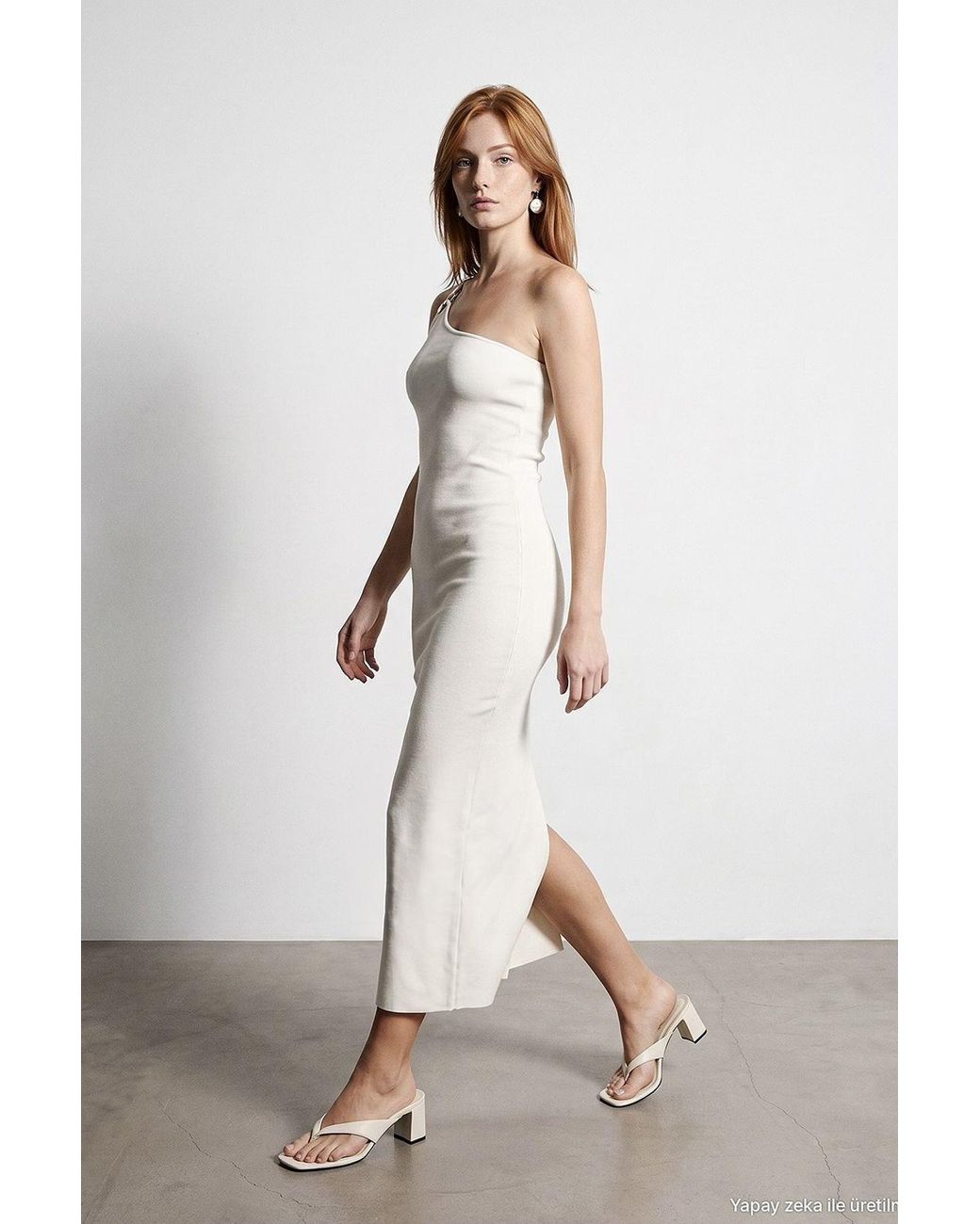 Dilvin Natural Asymmetrical One-Shoulder Ribbed Midi Dress