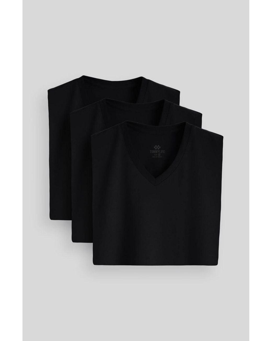 TOMMY LIFE Black Cotton Elastane V-Neck T-Shirt for men