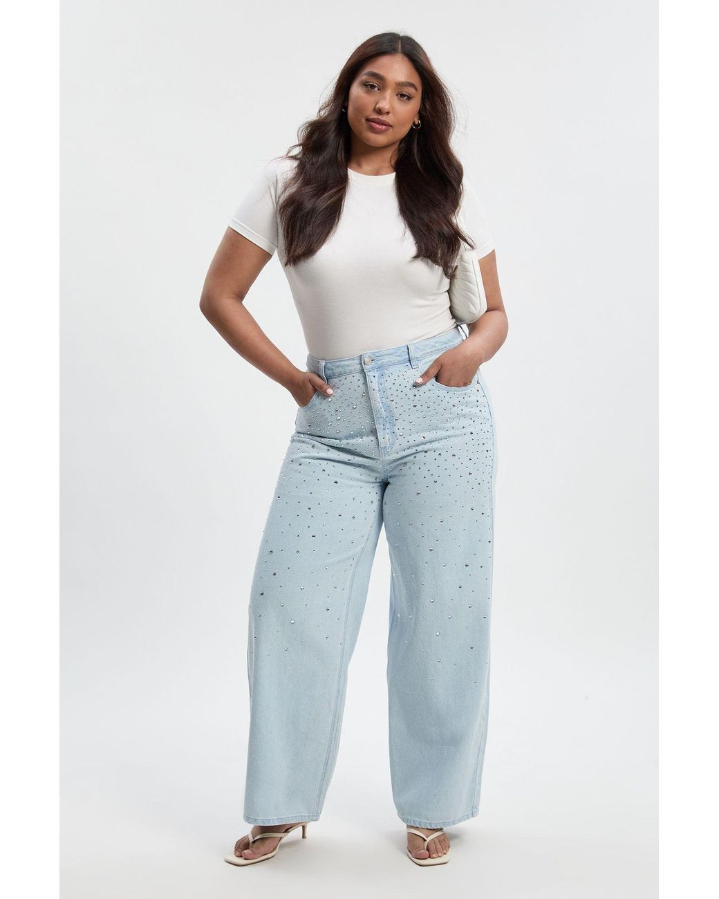 Boohoo Blue Plus Embellished High Waist Straight Leg Jean