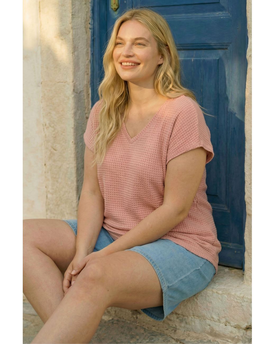 Roman Blue Curve Textured V-Neck Tunic Top