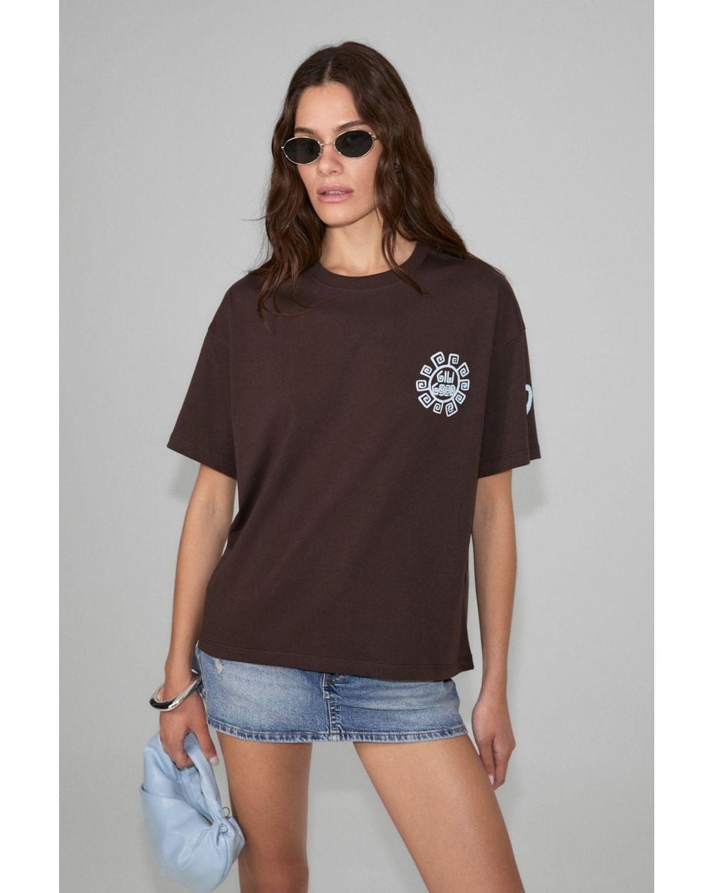 Grimelange Brown Oversized Crew Neck Logo T-Shirt