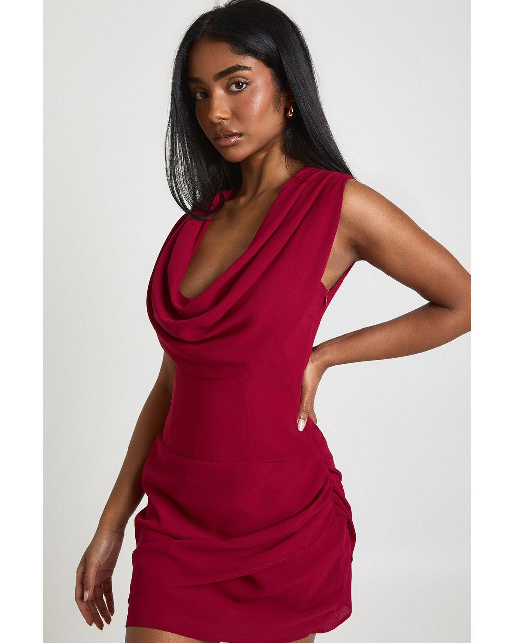 Boohoo Red Chiffon Cowl Neck Sleeveless Scarf Mini Dress