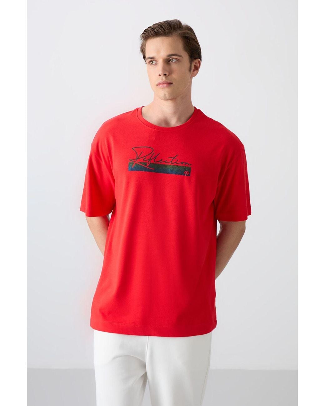 TOMMY LIFE Red Oversized Printed Cotton-Blend T-Shirt for men